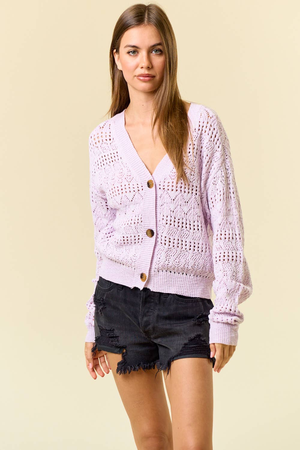 POINTELLE KNITTED V-NECK CROP CARDIGAN - 10505J