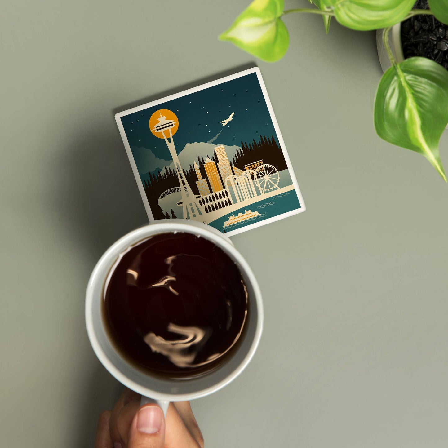 Ceramic Coaster Seattle, Washington Retro Skyline