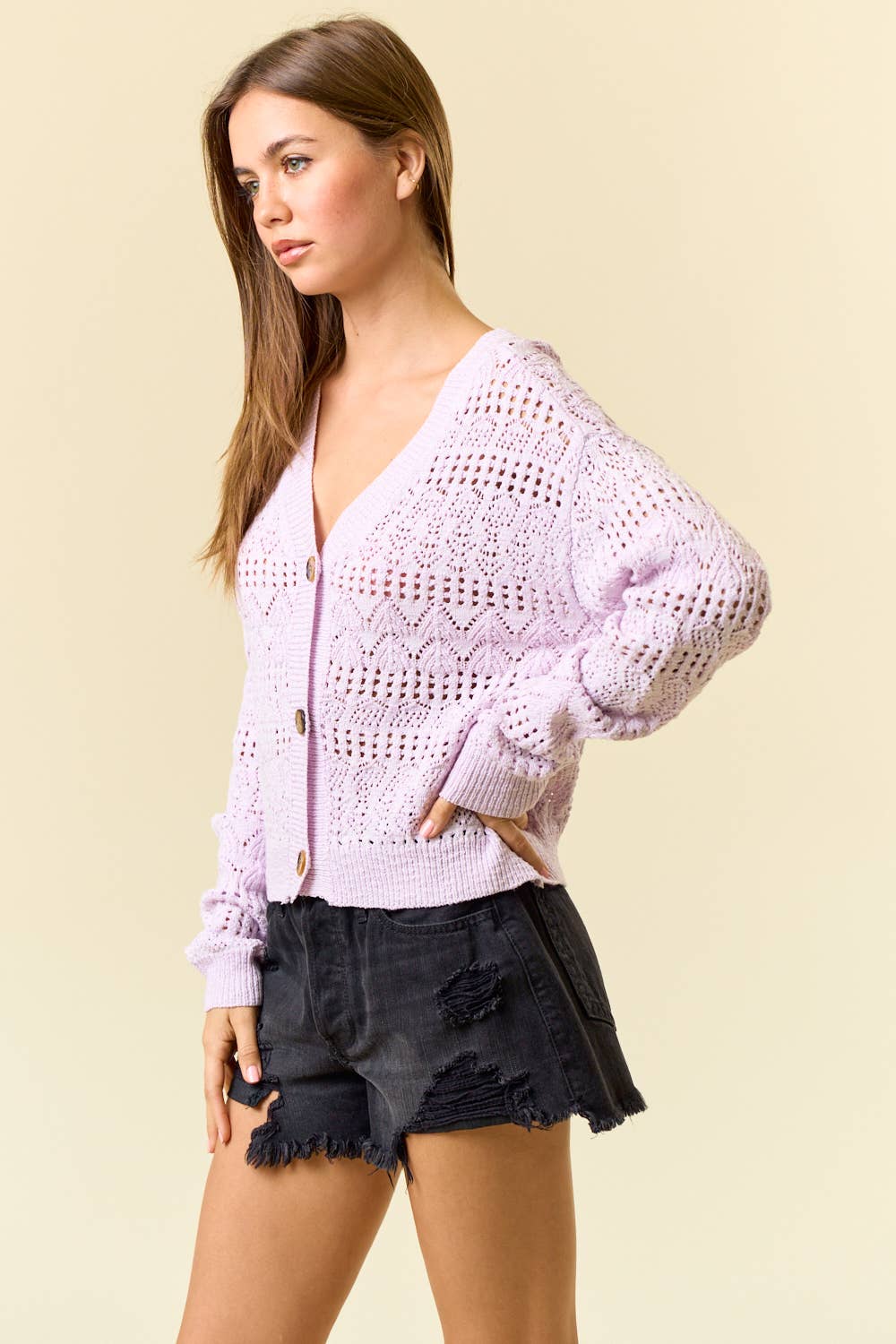 POINTELLE KNITTED V-NECK CROP CARDIGAN - 10505J