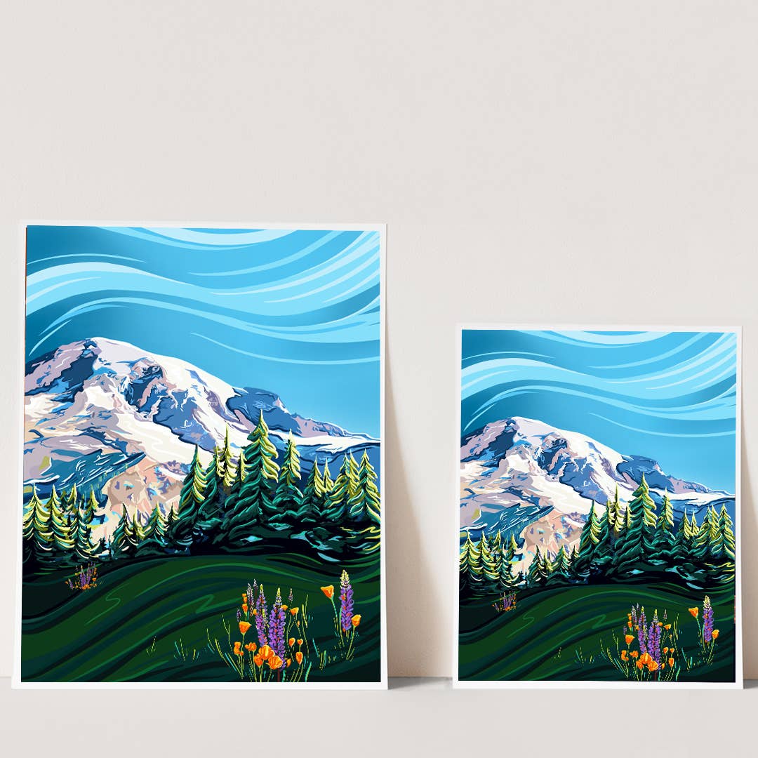 Mountain Rainier with Wildflowers Art Prints (11x17)