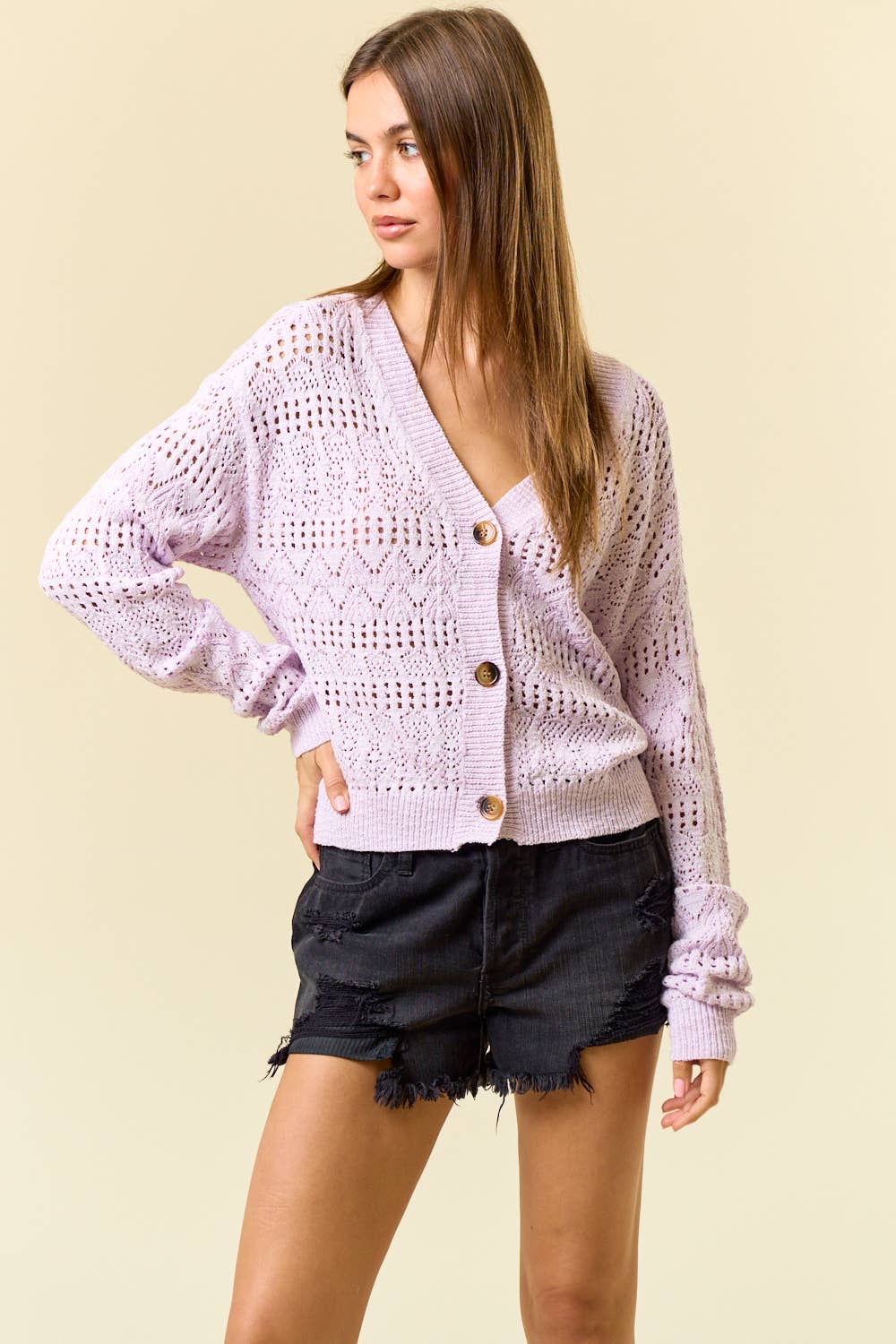 POINTELLE KNITTED V-NECK CROP CARDIGAN - 10505J