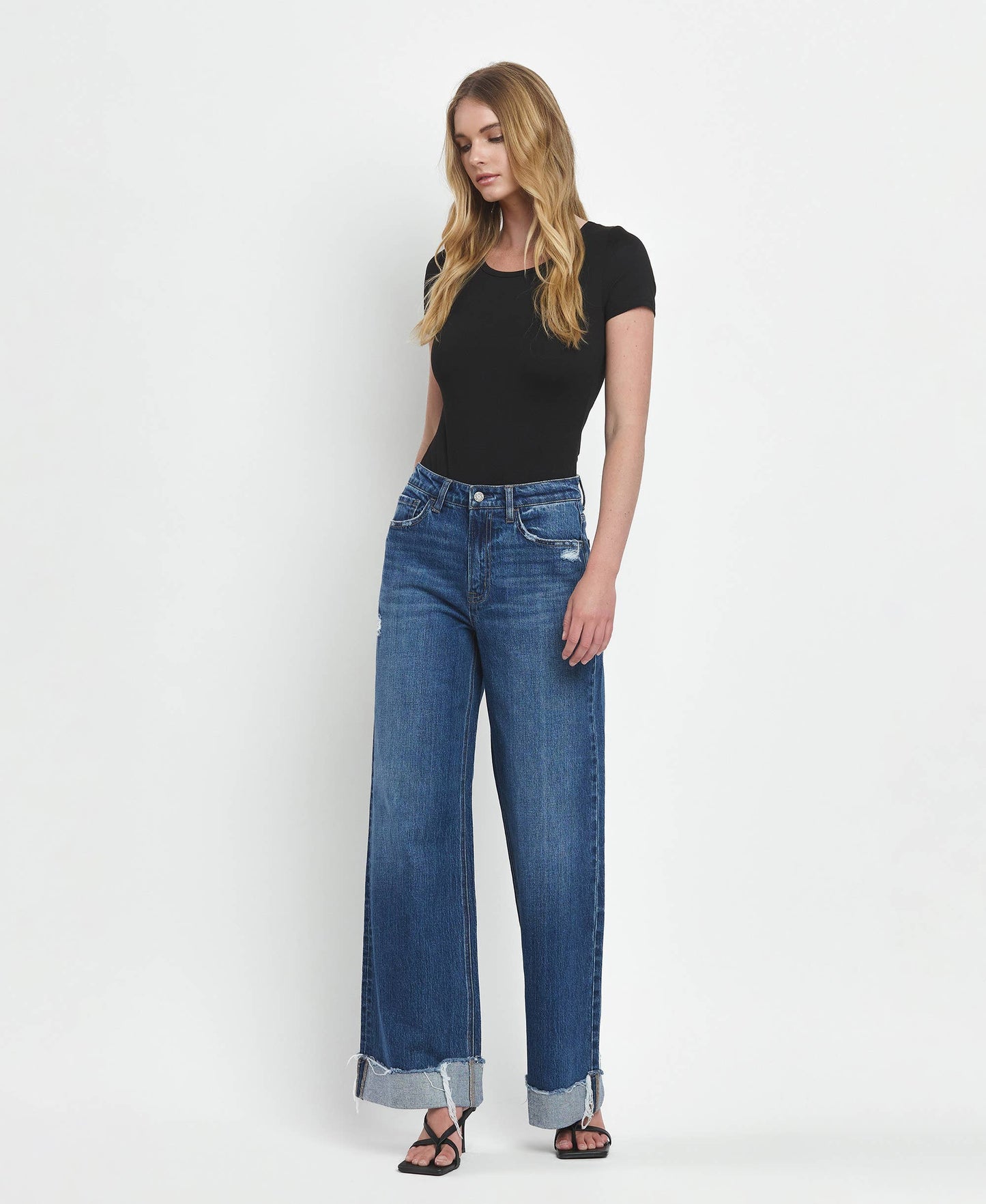 SUPER HIGH RISE CUFFED BAGGY WIDE JEANS T6614: BRILLIANCE, 32