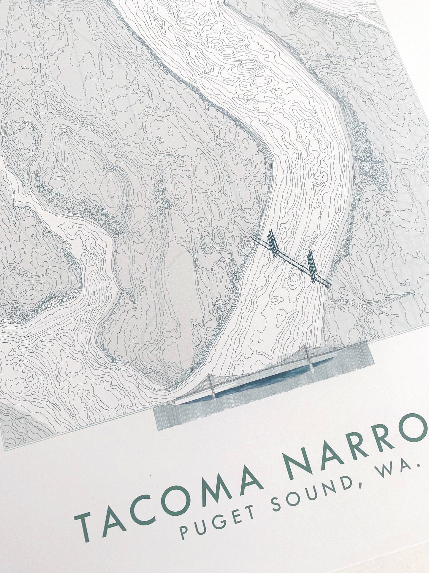 Tacoma NARROWS + Gig Harbor WA Hand Drawn Topo Map ART PRINT: 11 x 14