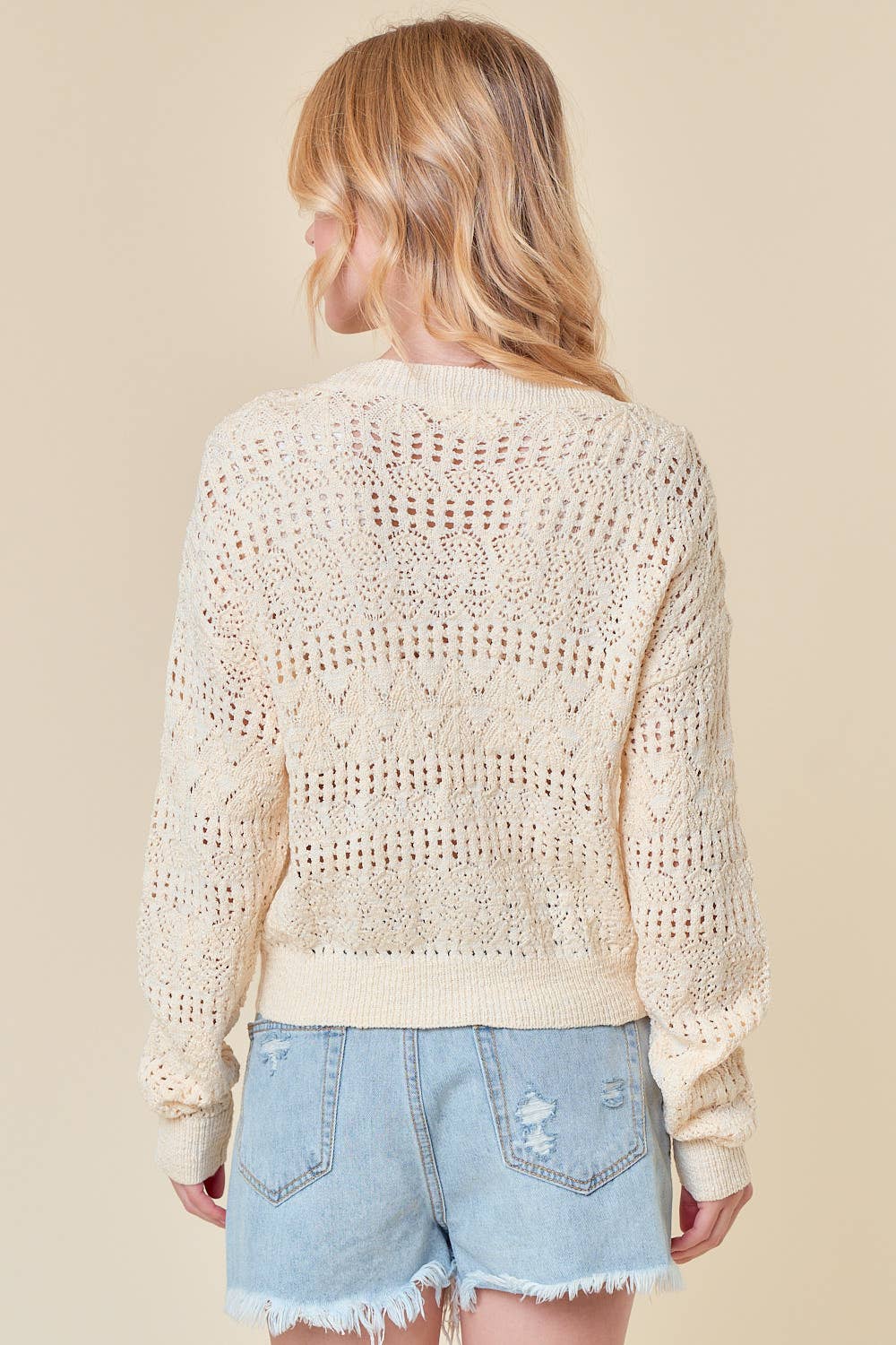 POINTELLE KNITTED V-NECK CROP CARDIGAN - 10505J