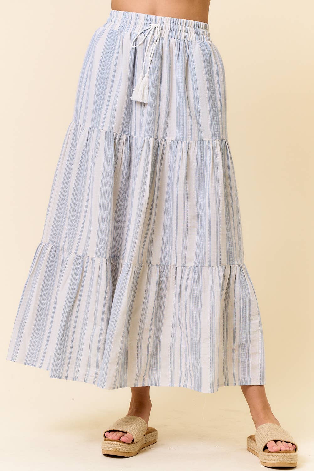 Cotton Striped Elastic Waist Tiered Maxi Skirt - 6541S