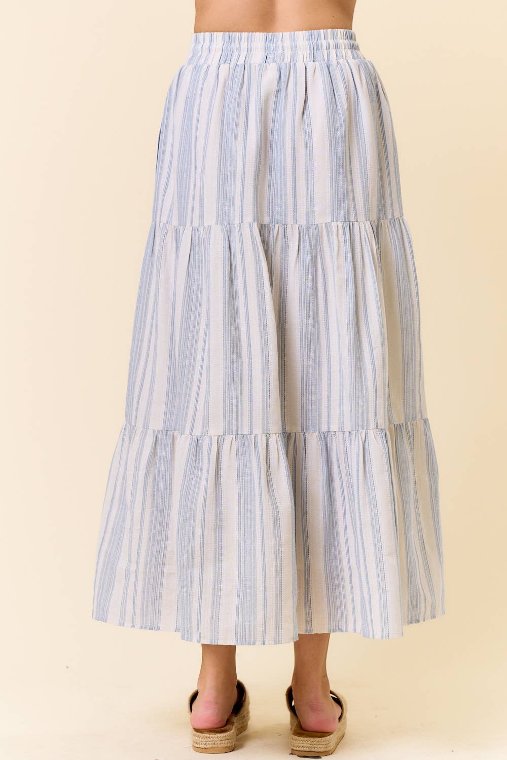 Cotton Striped Elastic Waist Tiered Maxi Skirt - 6541S