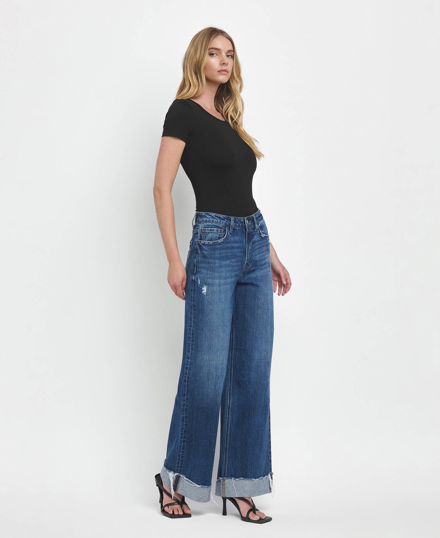 SUPER HIGH RISE CUFFED BAGGY WIDE JEANS T6614: BRILLIANCE, 27