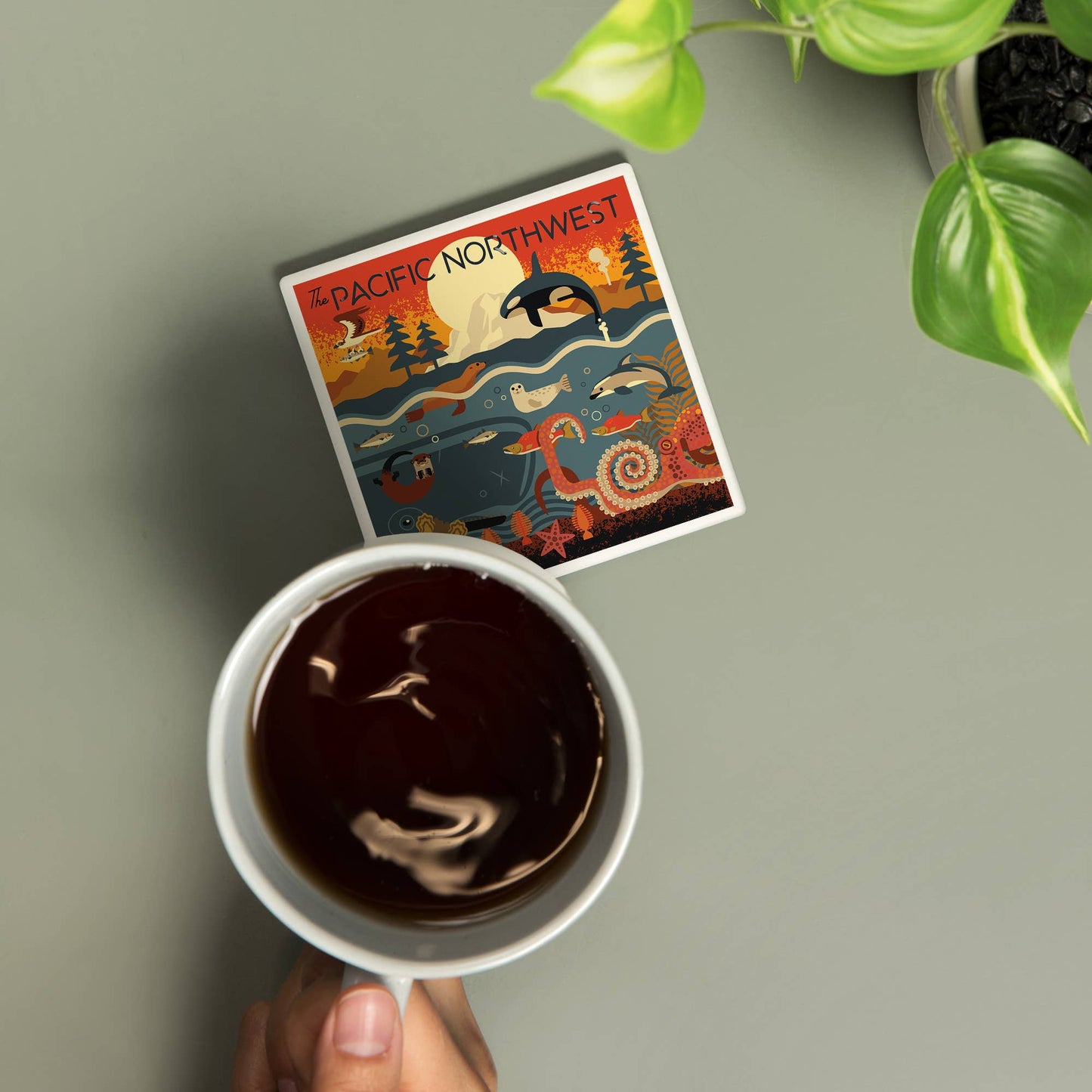 Ceramic Coaster Pacific Northwest Marine Animals Geometric