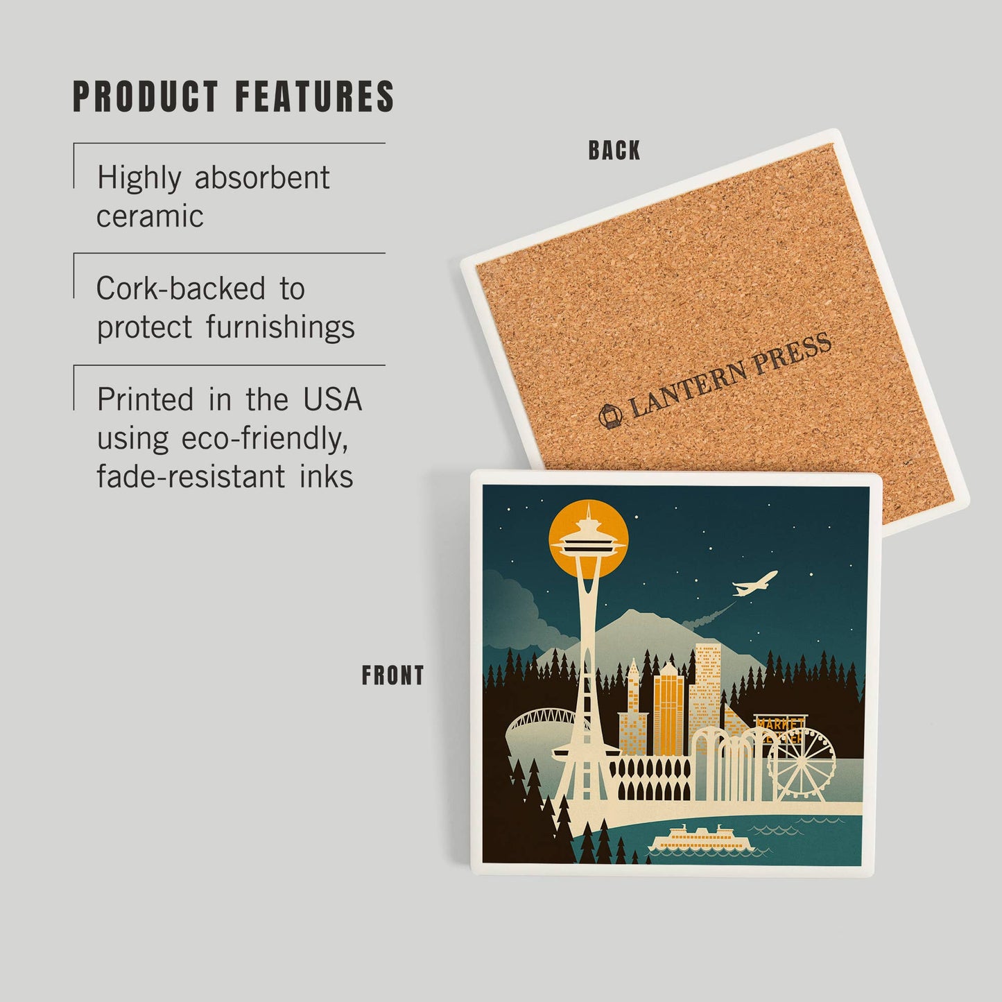 Ceramic Coaster Seattle, Washington Retro Skyline