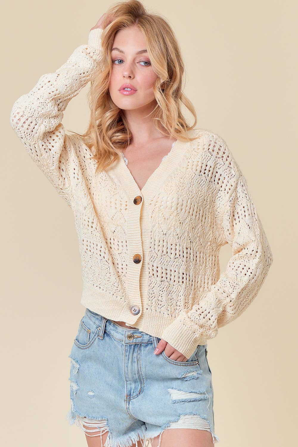 POINTELLE KNITTED V-NECK CROP CARDIGAN - 10505J