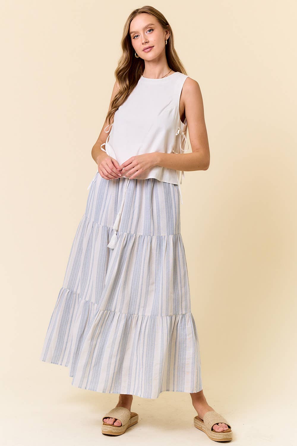 Cotton Striped Elastic Waist Tiered Maxi Skirt - 6541S
