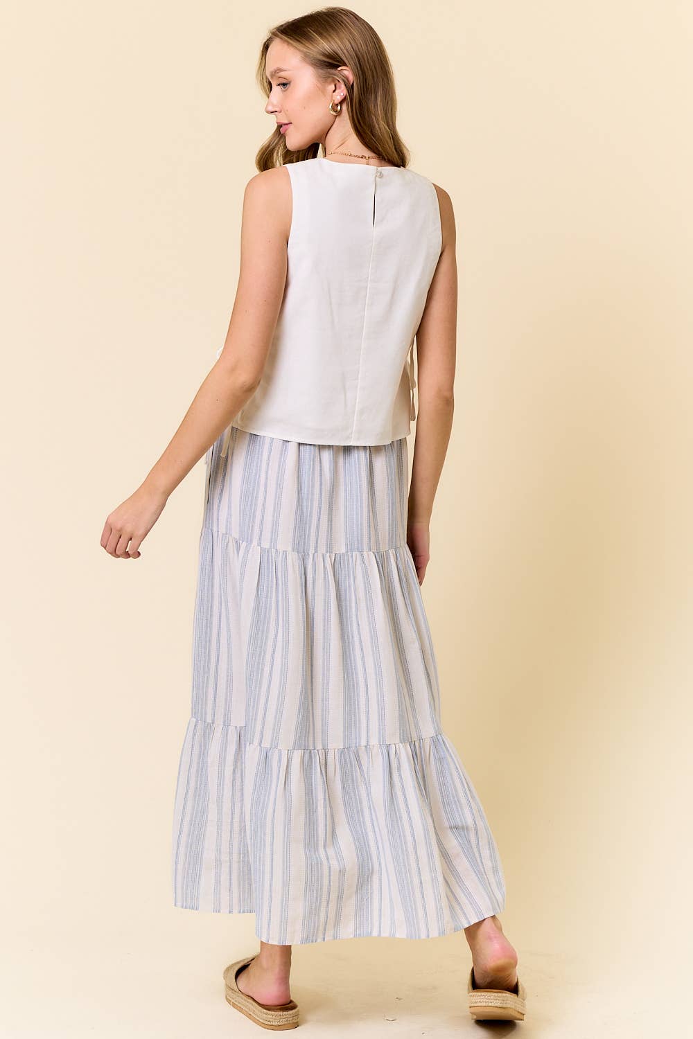 Cotton Striped Elastic Waist Tiered Maxi Skirt - 6541S