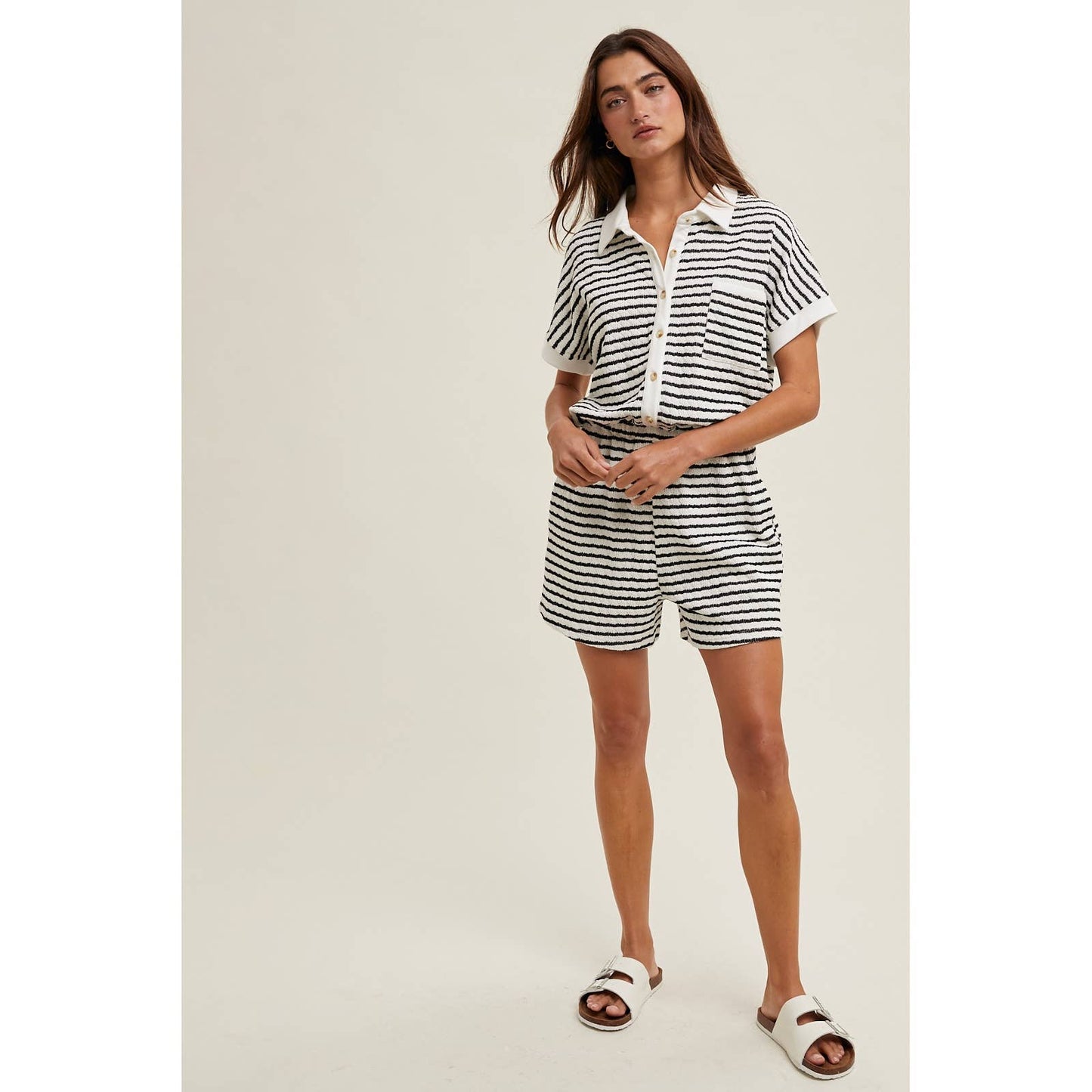 STRIPED BUTTON-UP ROMPER - BLACK/OFF WHITE