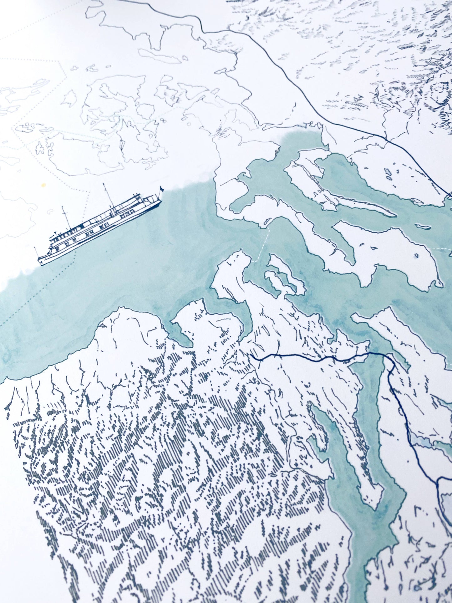13x19 Puget Sound Topo Watercolor Map ART PRINT