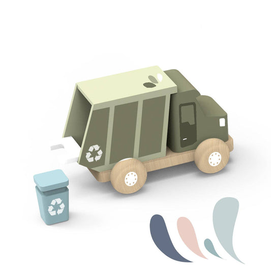 A stylized wooden toy garbage truck with a light blue recycling bin and four abstract color swatches on a white background.