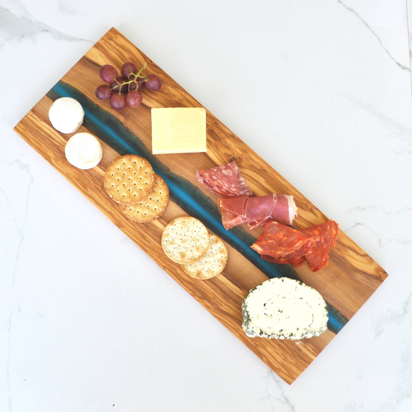 Engraved Olive Wood Cutting Board with River of Blue Resin - 15” x 6”