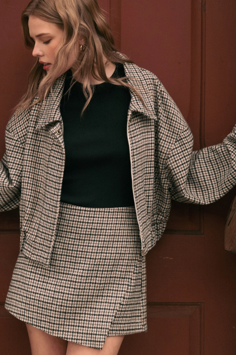 Cropped Houndstooth Bomber Jacket