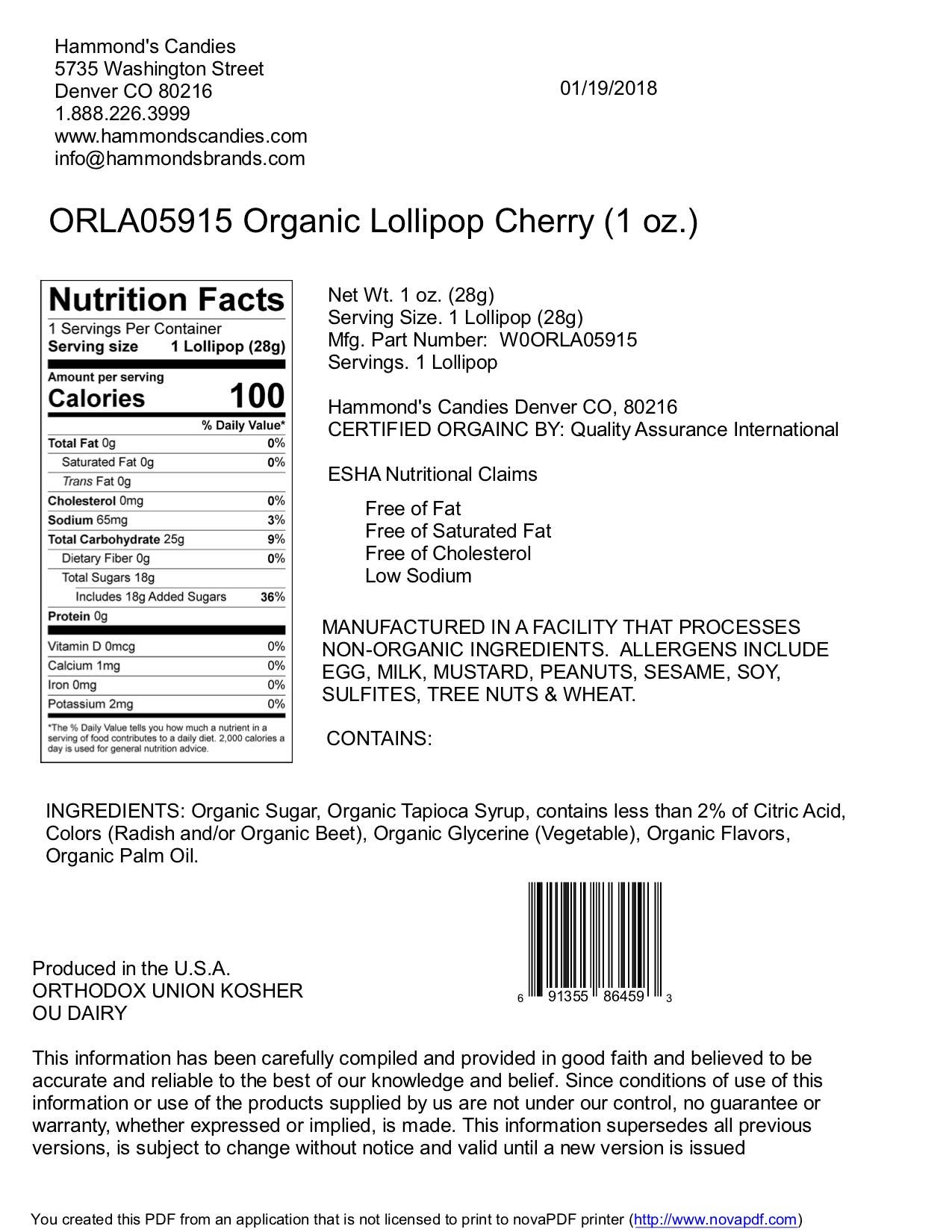 Organic Handmade Lollipop - Cherry - 1 oz