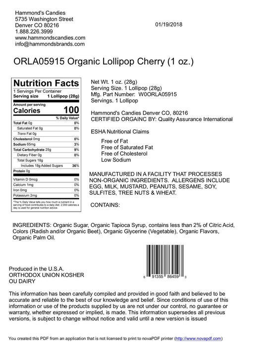 Organic Handmade Lollipop - Cherry - 1 oz