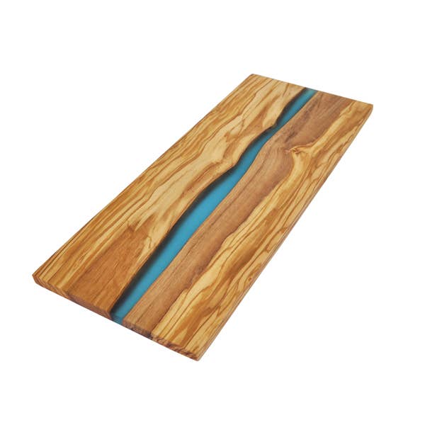 Engraved Olive Wood Cutting Board with River of Blue Resin - 15” x 6”