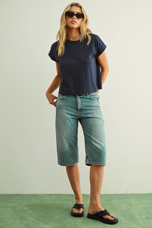 Round Neck Cuffed Sleeve Top