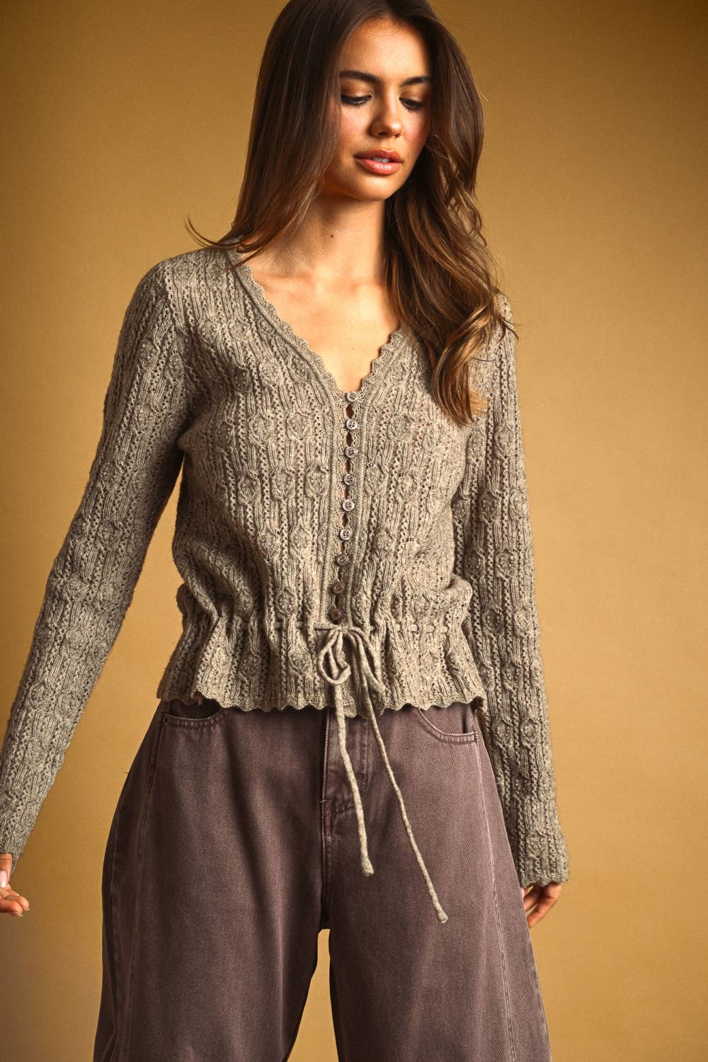 Lace Knit Drawstring Cardigan
