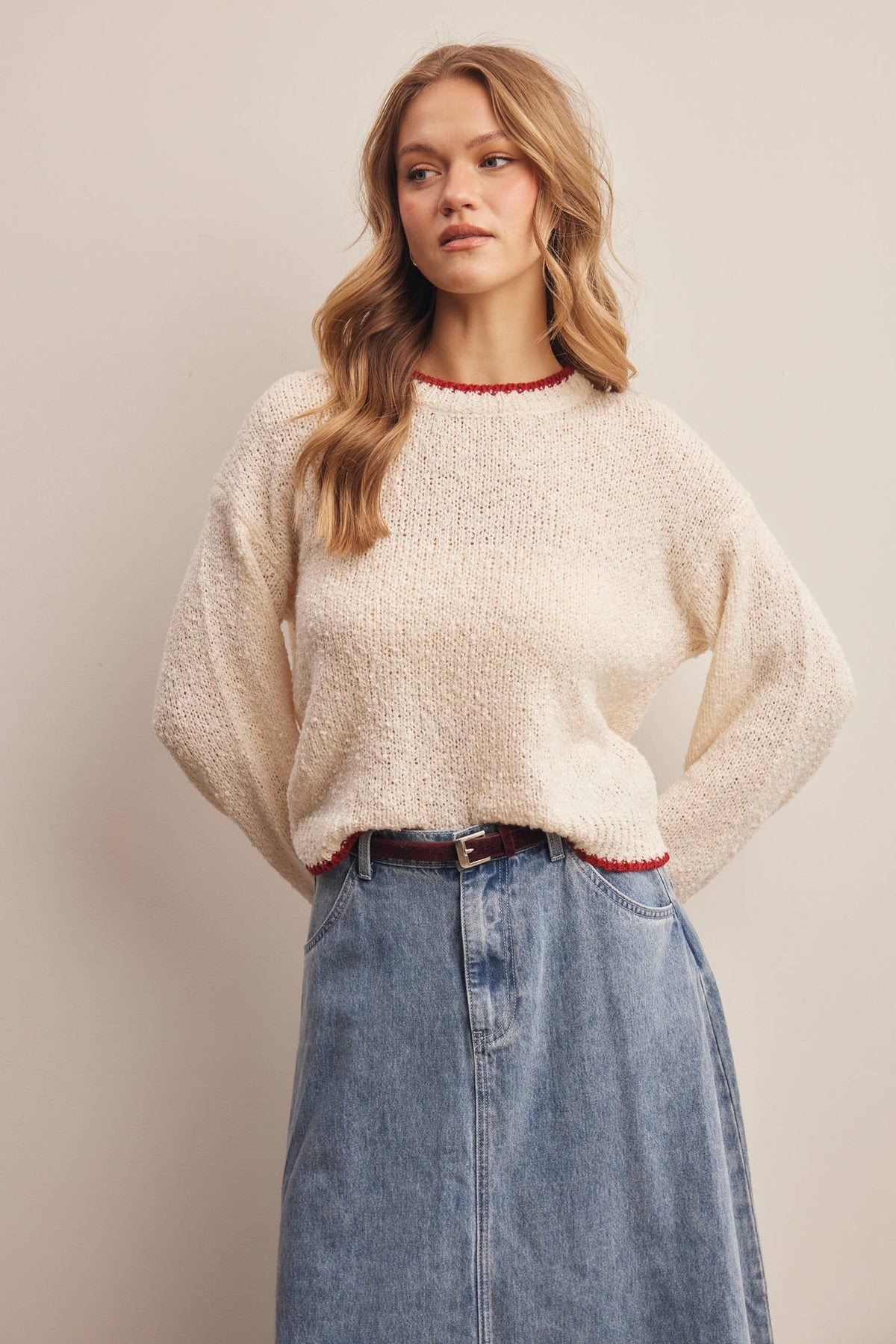 Contrast Trim Bouclé Sweater