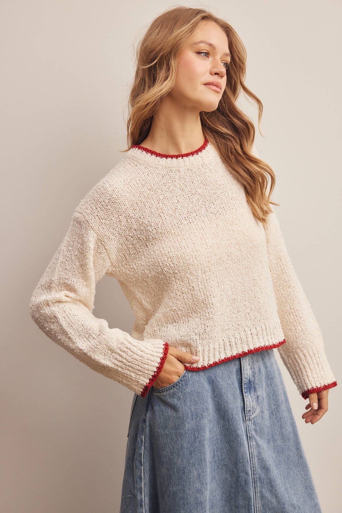 Contrast Trim Bouclé Sweater