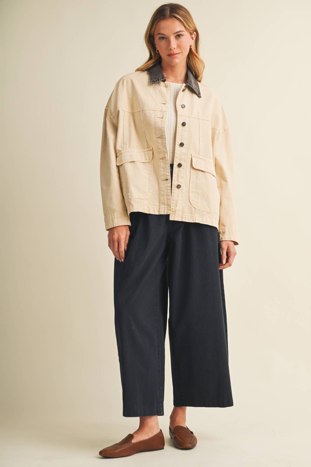 Washed Denim Contrast Collar Jacket