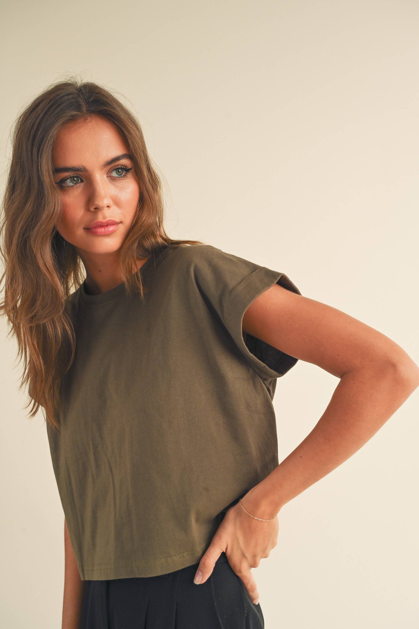 Round Neck Cuffed Sleeve Top