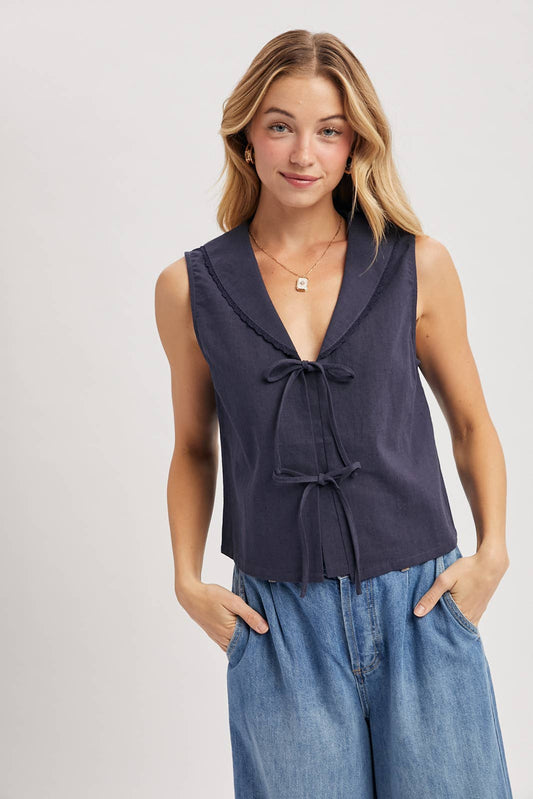 Linen Front Tie Sleeveless Top