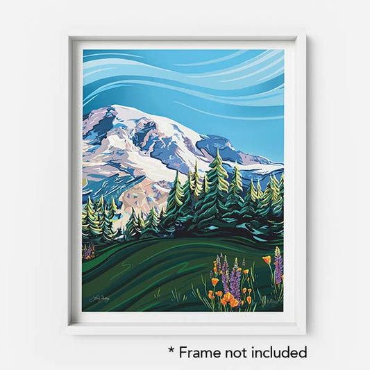 Mount Rainier & Wildflowers Art Print - National Park: 8x10