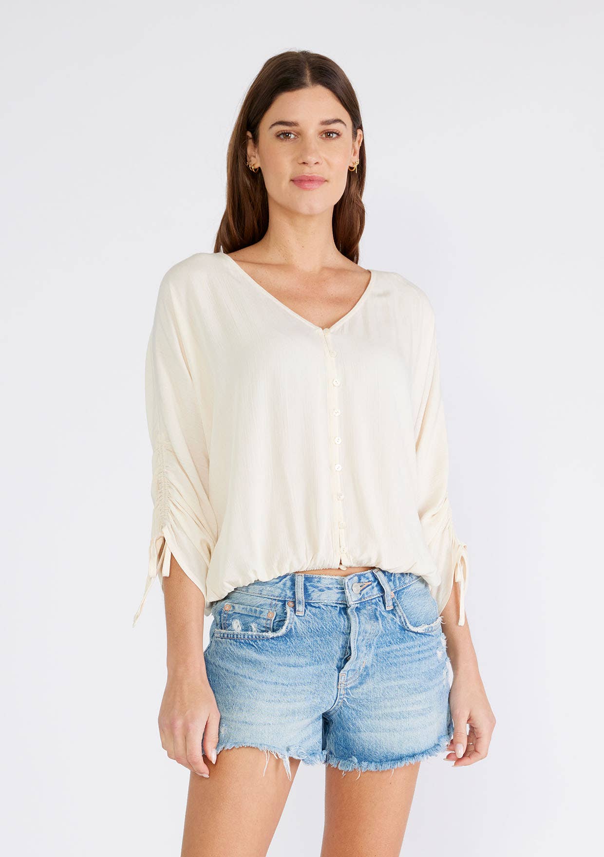 Ruched Dolman Sleeve Button Front Blouse