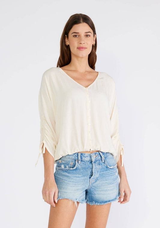 Ruched Dolman Sleeve Button Front Blouse