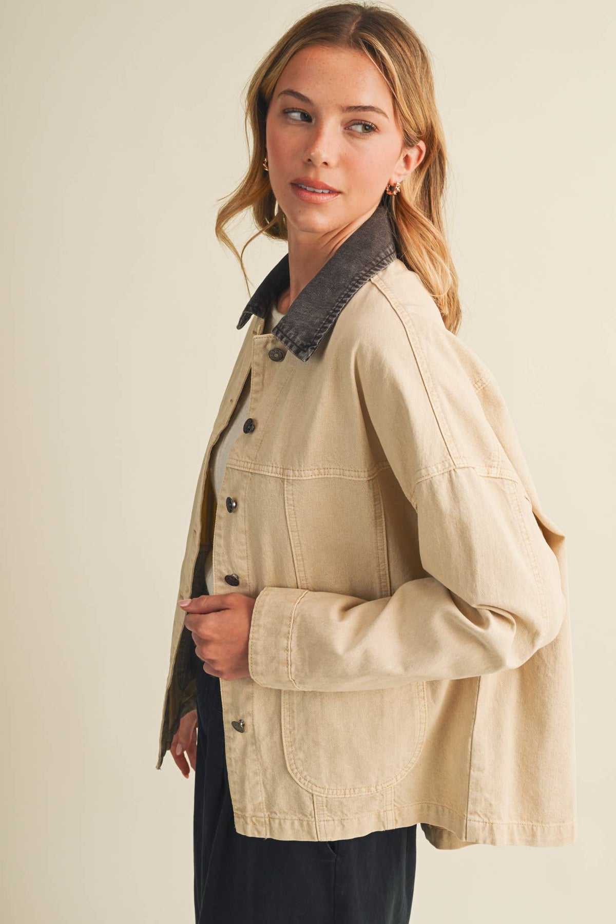 Washed Denim Contrast Collar Jacket