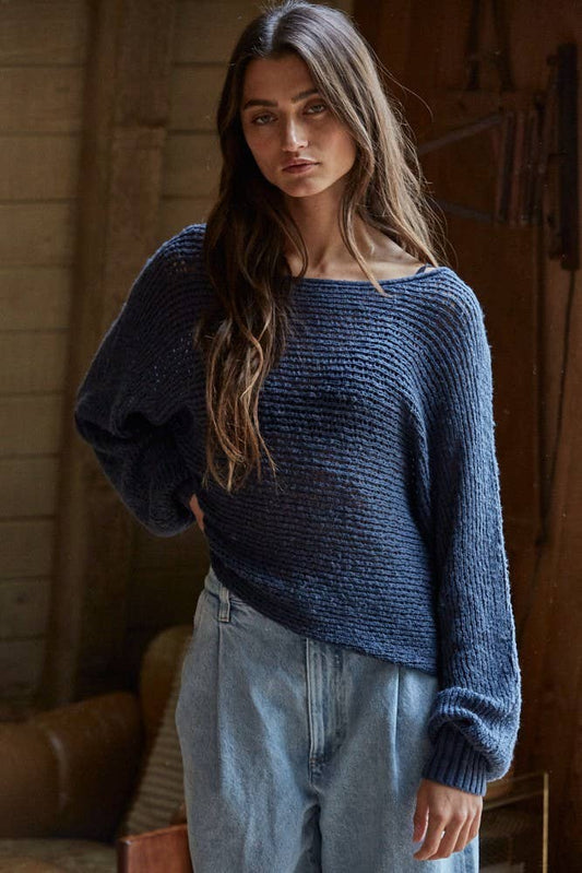 Sweater Knit Crochet Round Neck Long Sleeve Top