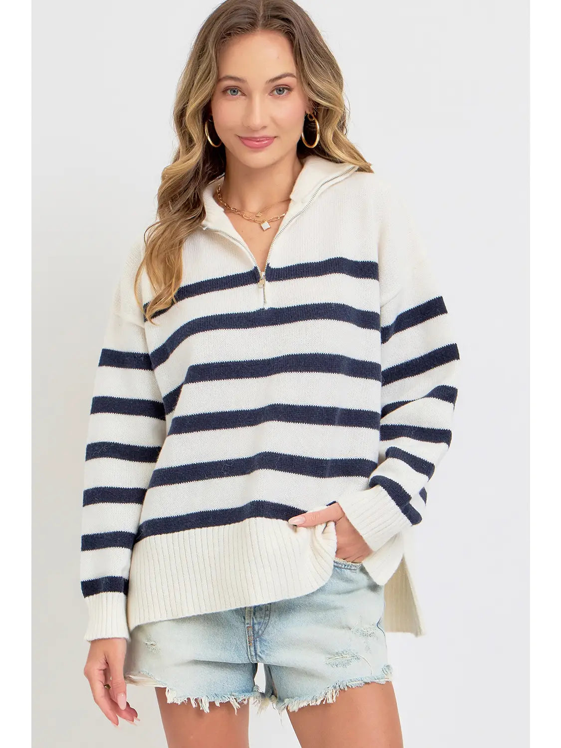 Striped Zip-Front Oversized Pullover Knit Sweater