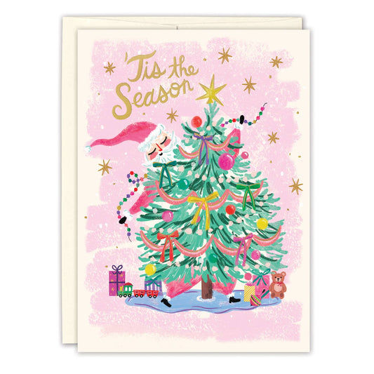 Santa Trimming Tree Holiday Card