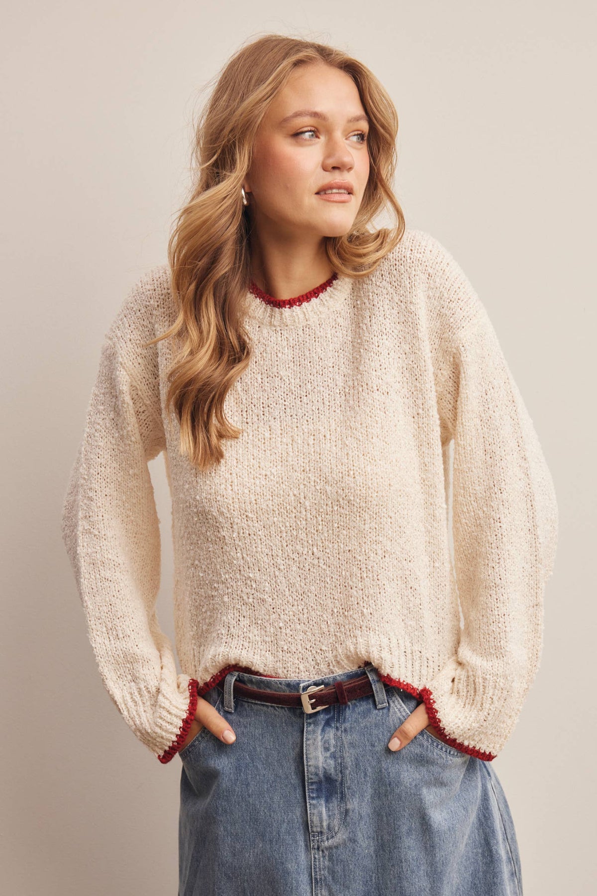 Contrast Trim Bouclé Sweater