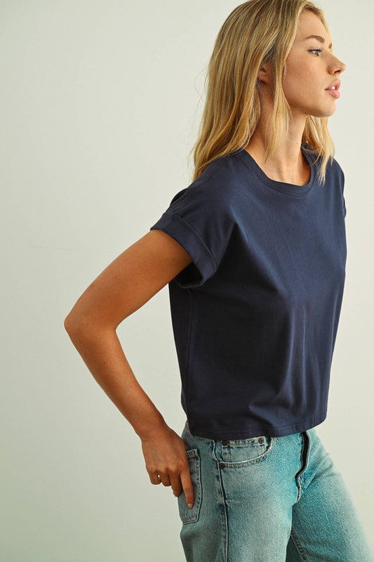 Round Neck Cuffed Sleeve Top