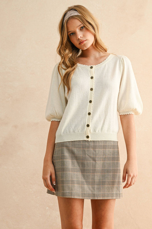 PUFF SHORT SLEEVE BUTTON DOWN KNIT CARDIGAN