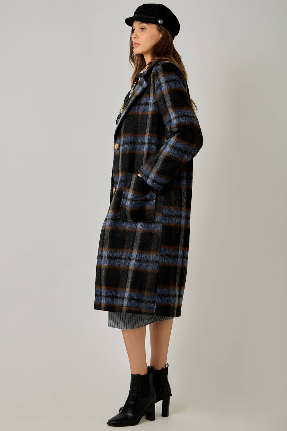 Brushed Plaid Long Coat