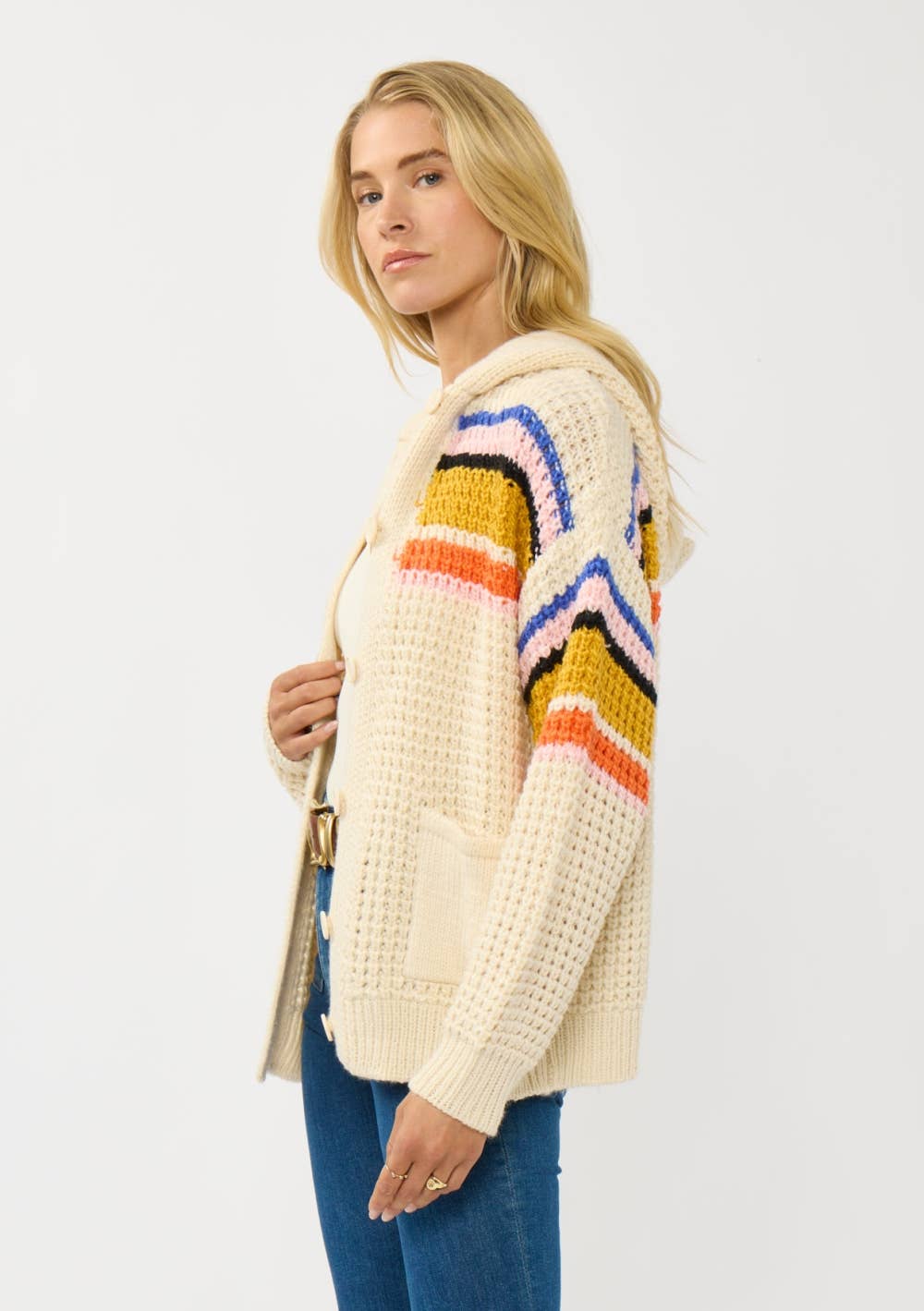 Stripe Waffle Knit Hooded Cardigan