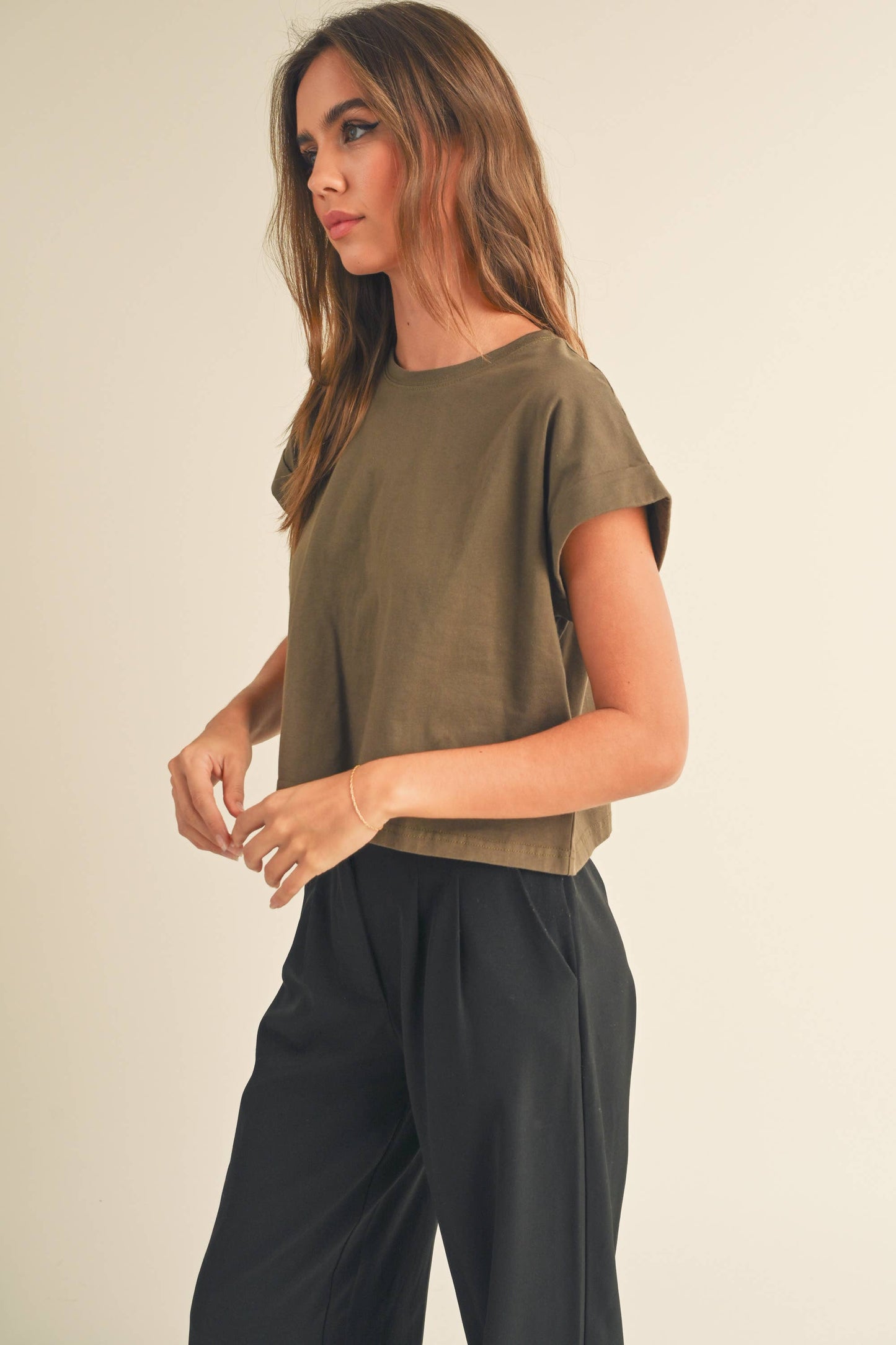 Round Neck Cuffed Sleeve Top