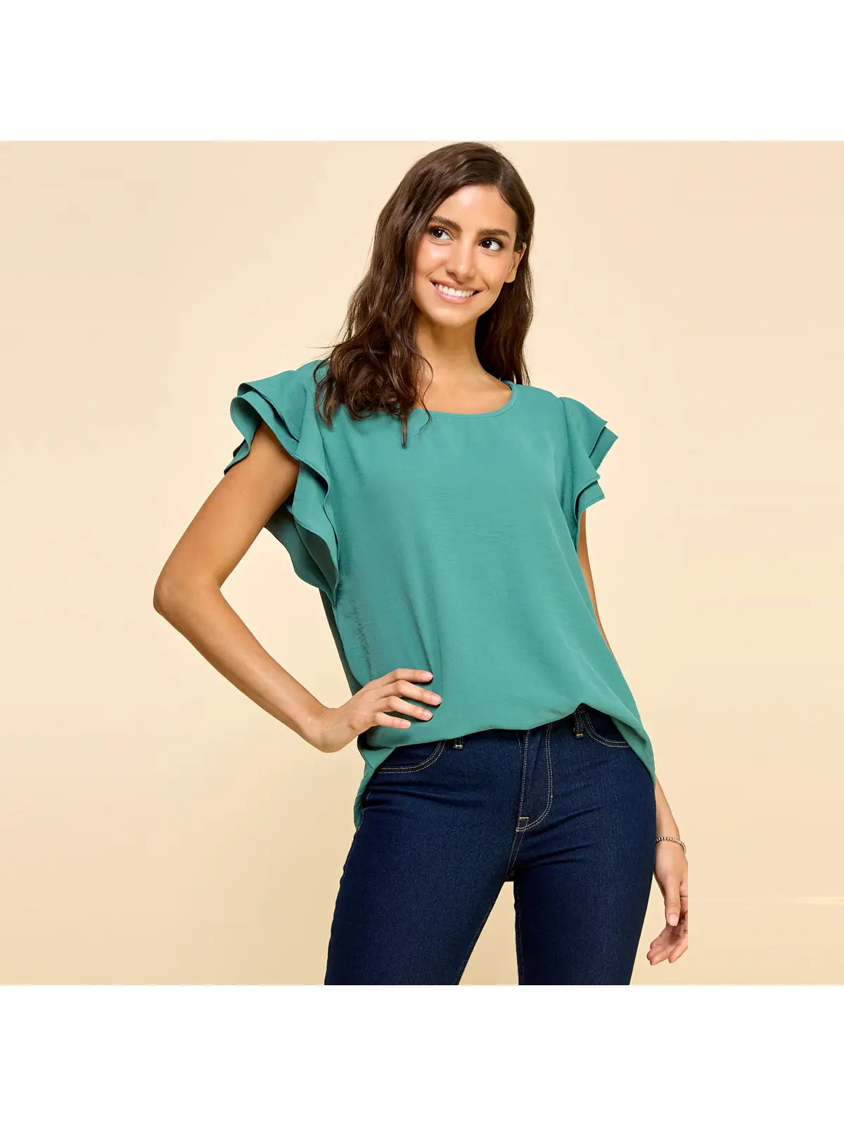 Top with Double Ruffled Sleeves