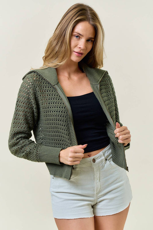 Zip-Up Pointelle Open Knit Sweater Jacket - 10615J