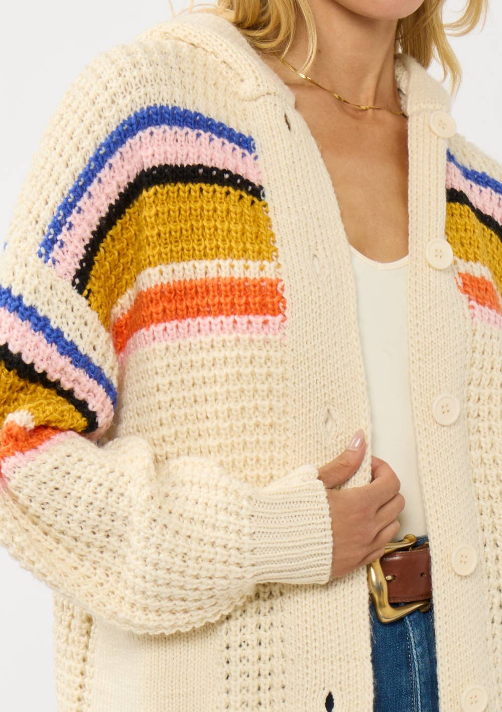 Stripe Waffle Knit Hooded Cardigan