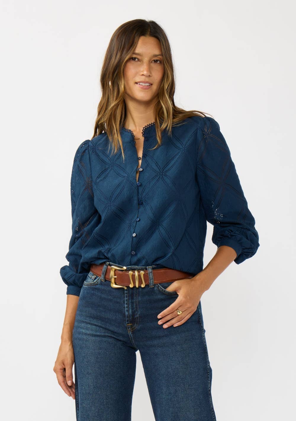 Lace Button Front Blouse with Trim