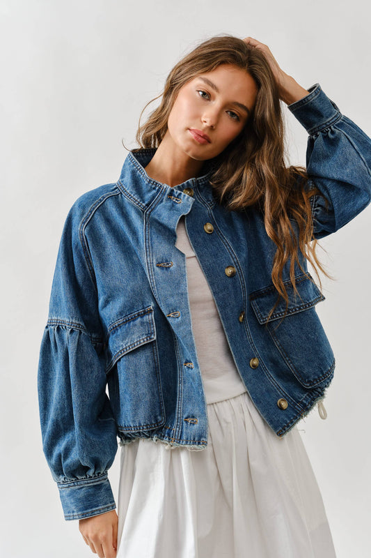 Balloon Sleeve Twill Jacket Drawstring Waist