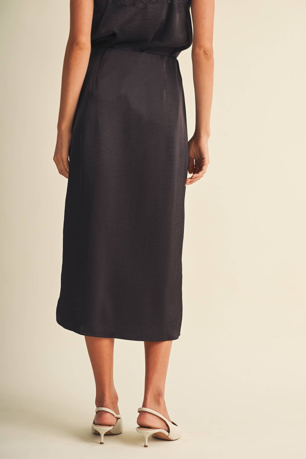 Lace Trim Satin Midi Skirt